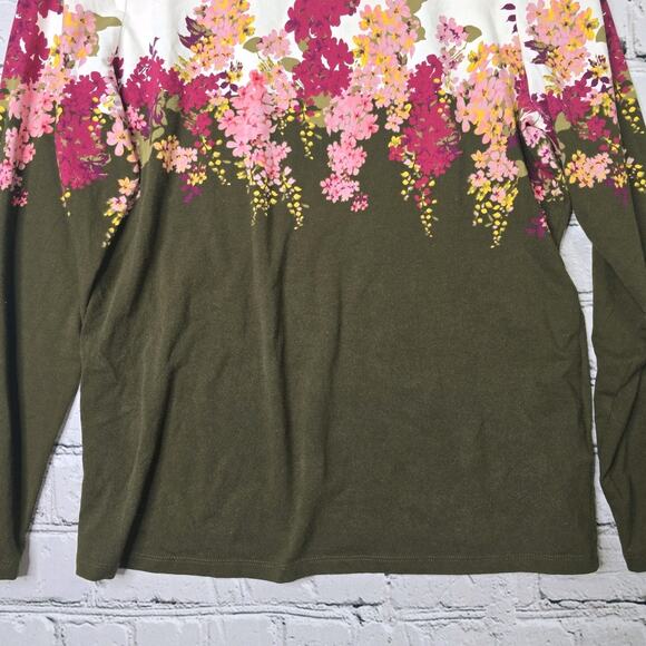 The Talbots Tee Cotton Blend Olive Forest Green Floral Print Accent Blouse LP - Picture 4 of 10